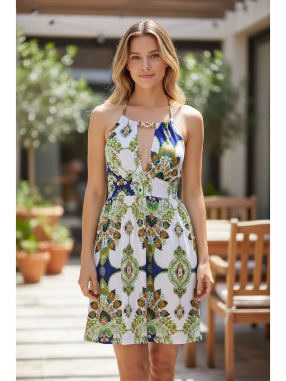 XOXO Retro 70s Halter Dress Womens Small White Floral Gold Hardware Boho-Chic